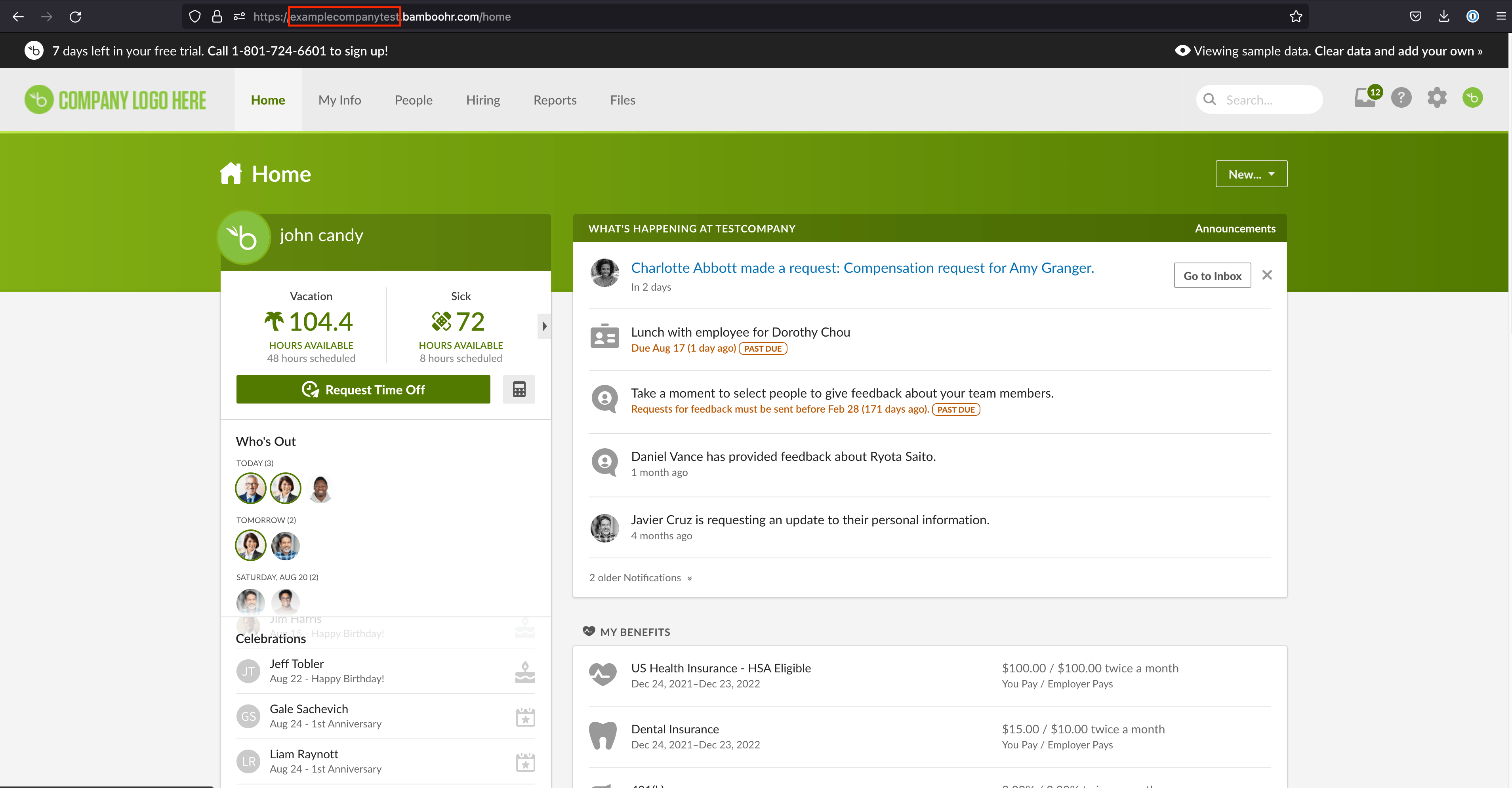 Detail view of the BambooHR administrator account, with the company domain highlighted.
