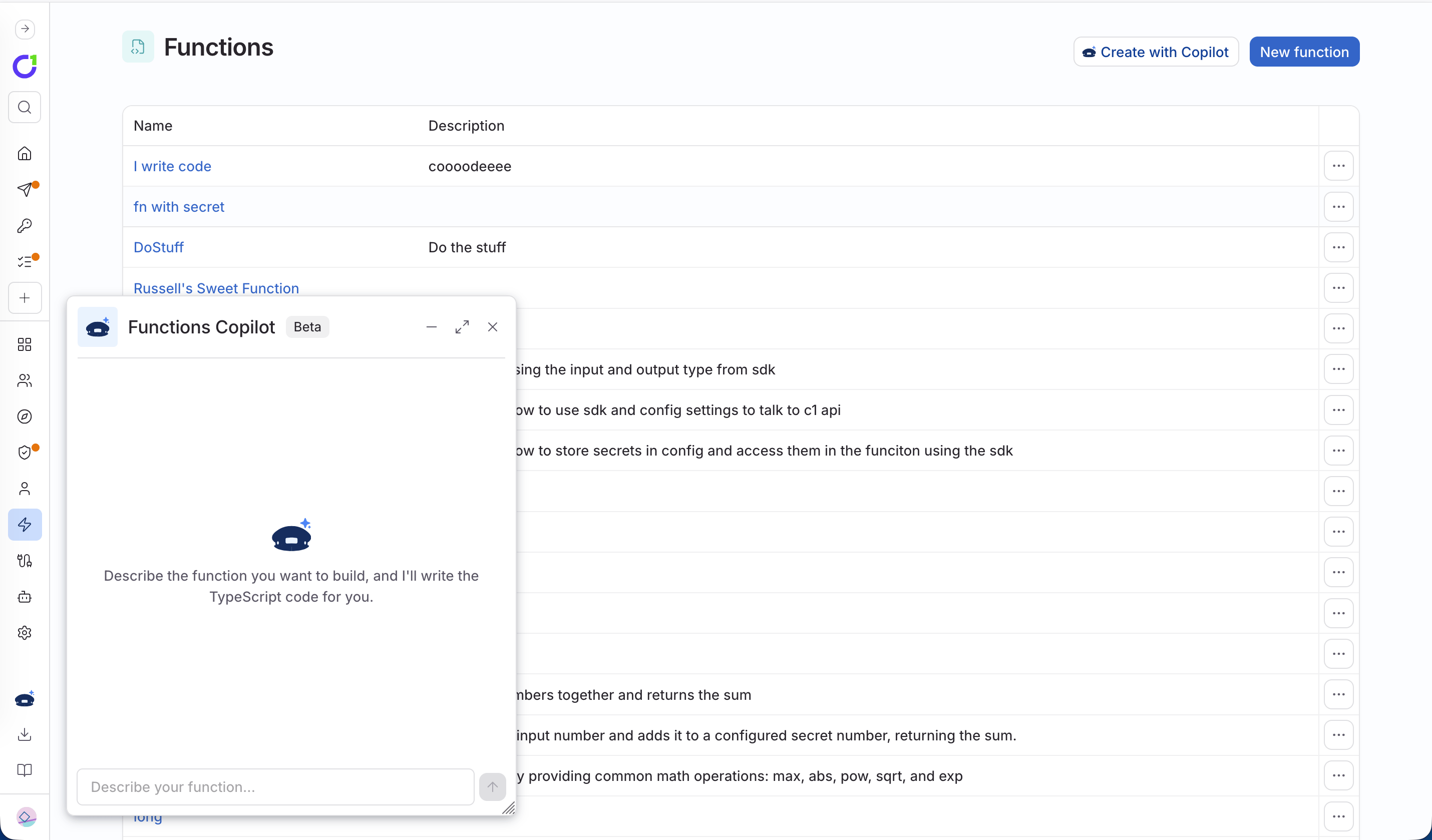 The function detail page showing the Copilot panel open alongside the code editor.