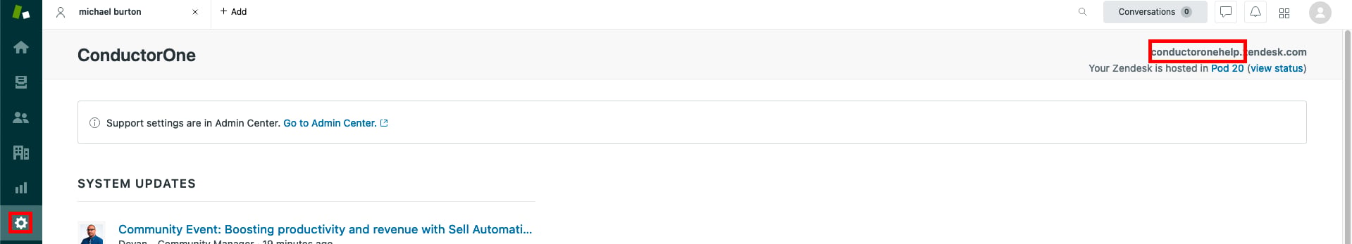A screenshot of the Zendesk Admin page, showing the subdomain in the top right corner of the page.