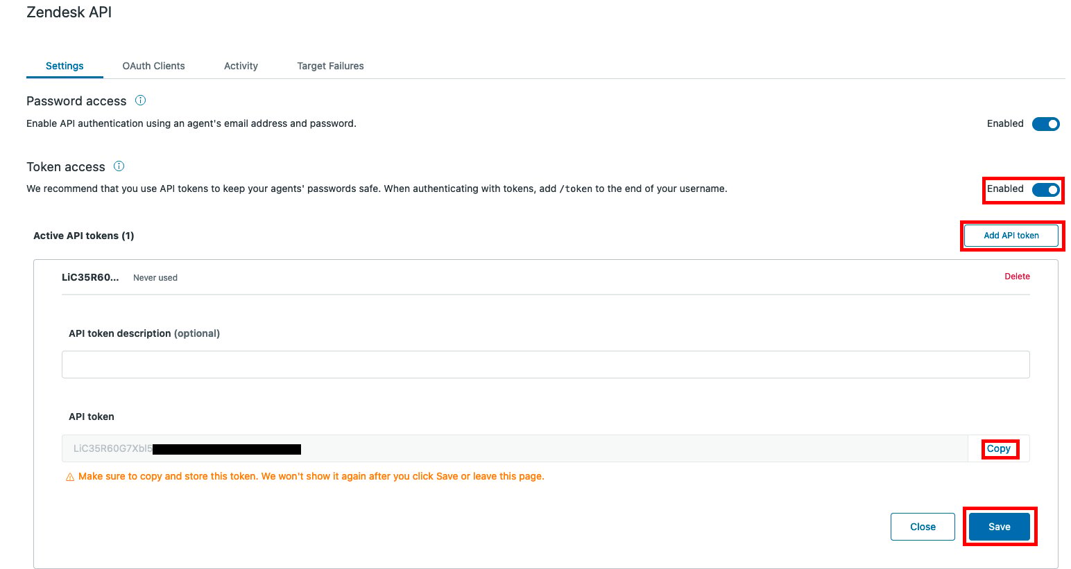 A screenshot of the Zendesk API page, showing the toggle to enable token access and the Add API token button.
