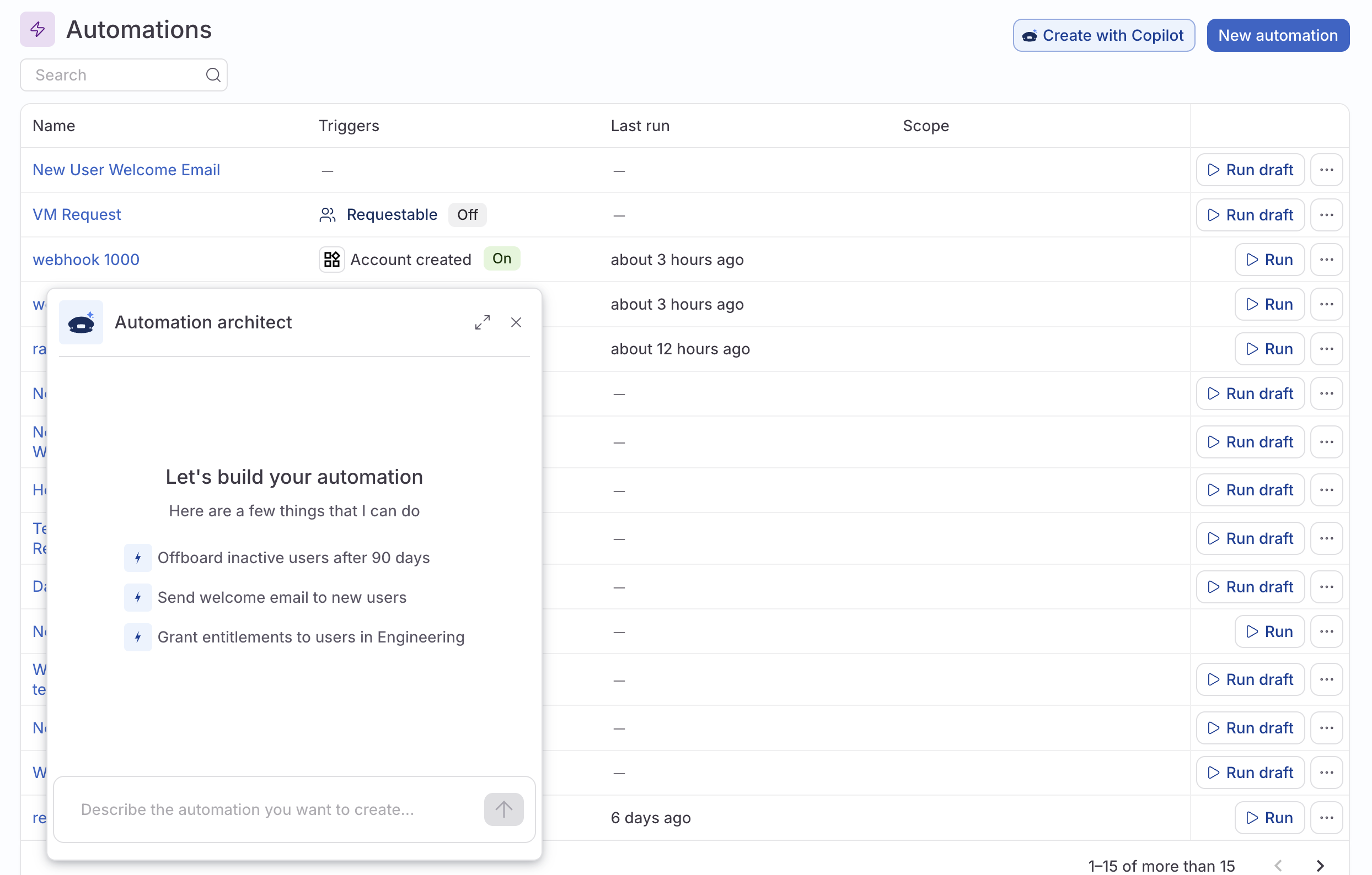 The Automations page showing the Create with Copilot button highlighted and the Automation Architect panel open.