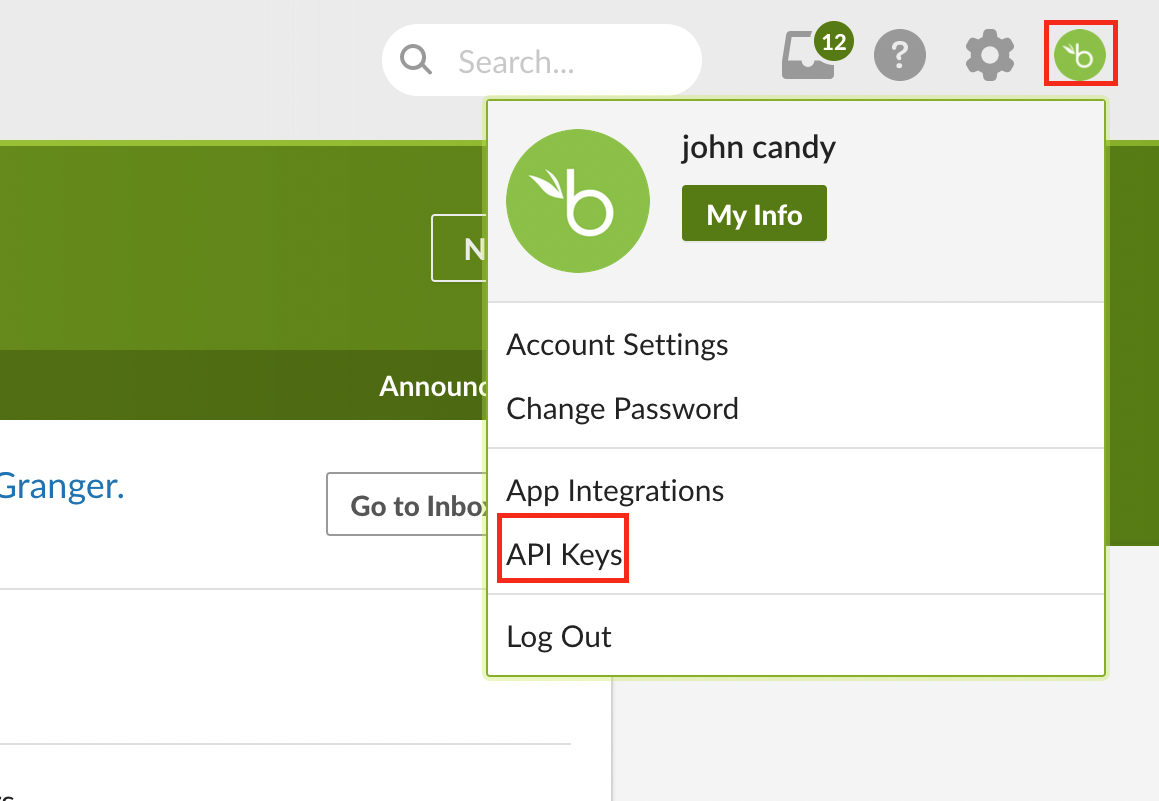 Detail view of the BambooHR API Keys page, with the Add New Key button highlighted.