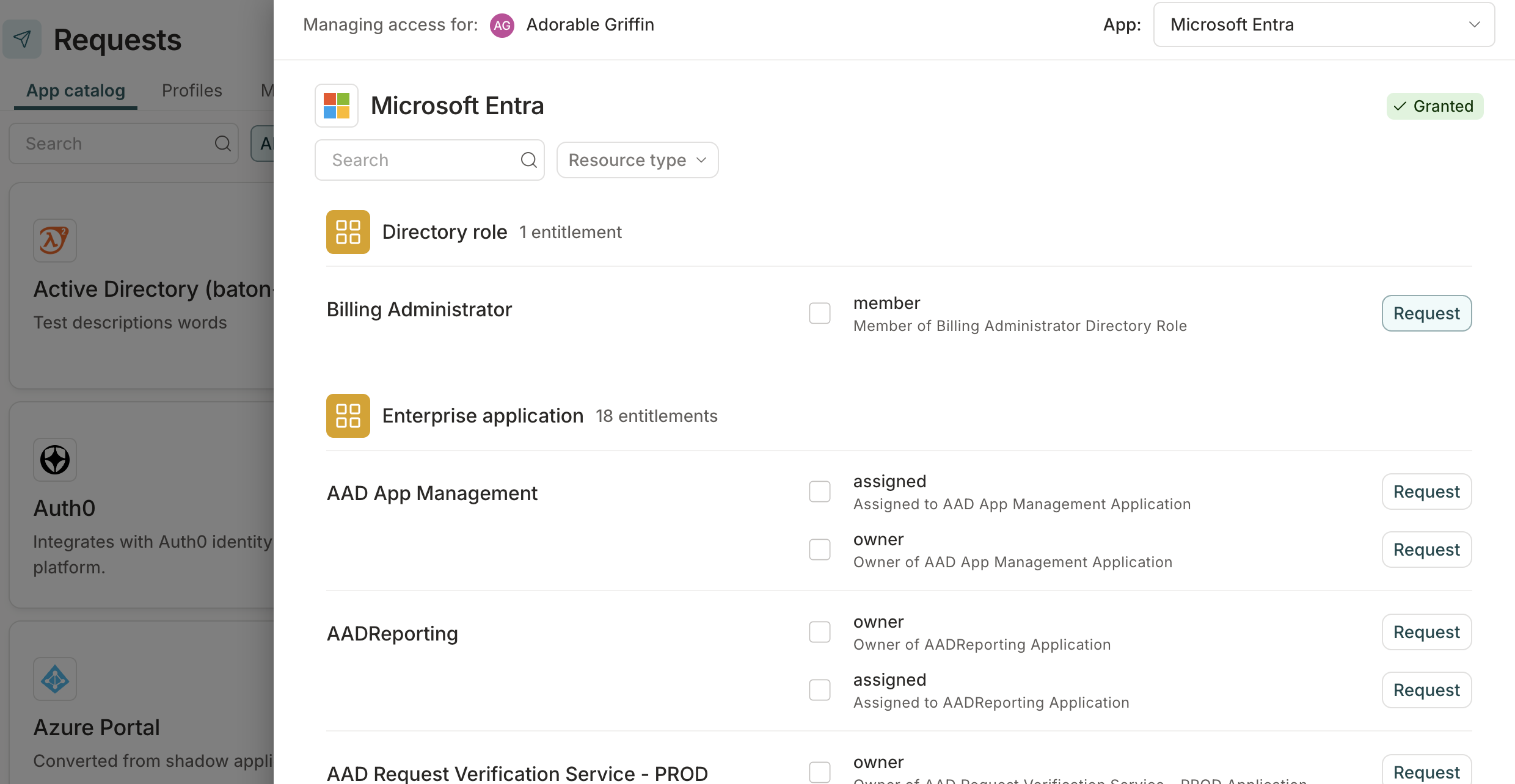 The app catalog tab page showing available entitlements with one entitlement selected.