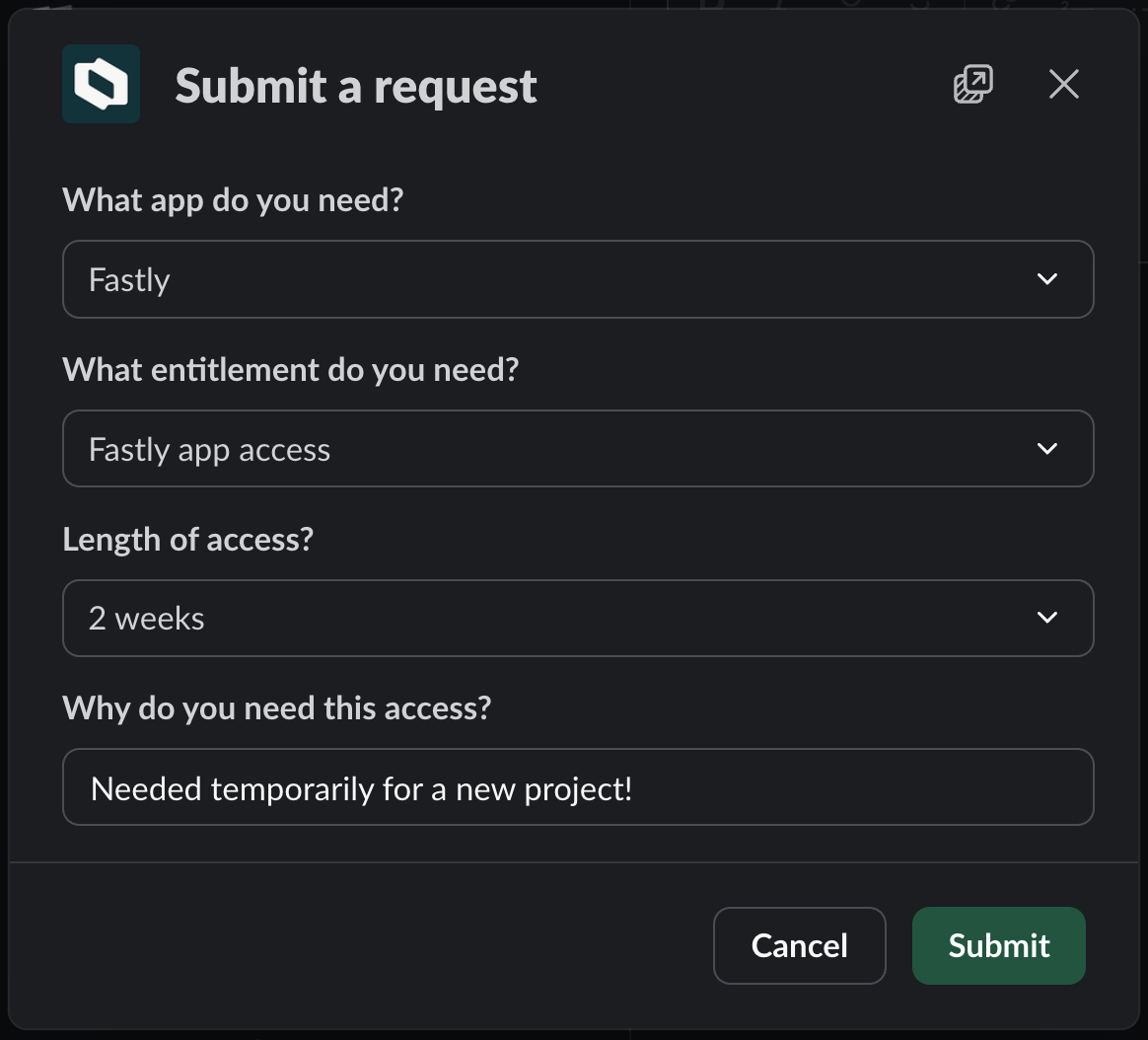 The C1 app for Slack showing the Submit a Request form.