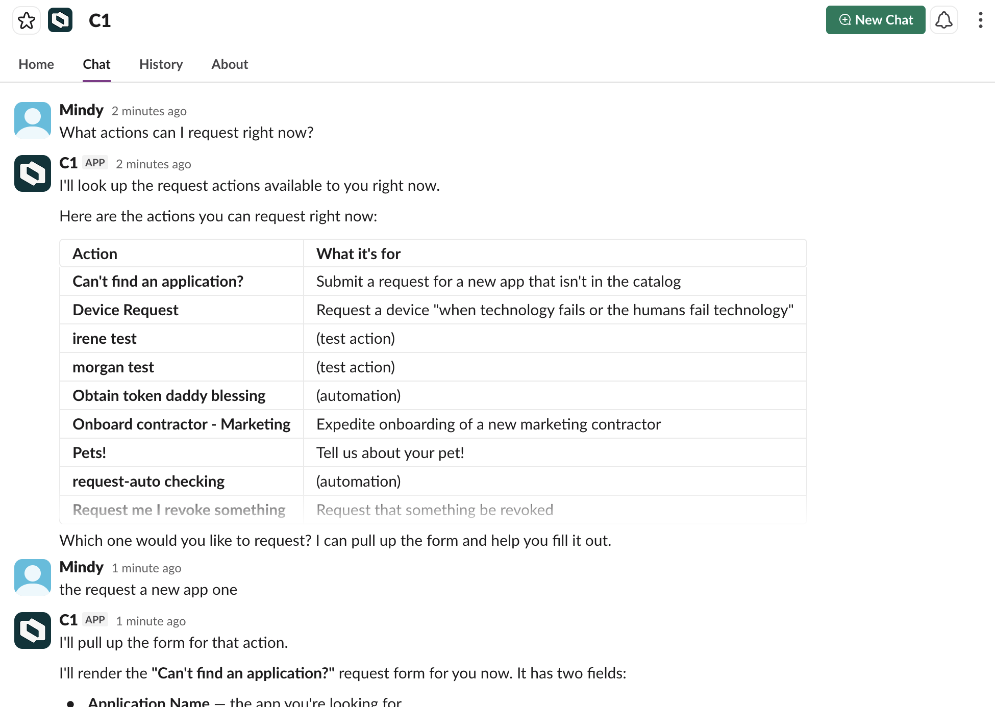 The C1 assistant responding to 'What actions can I request right now?' with a table listing available actions and their descriptions.