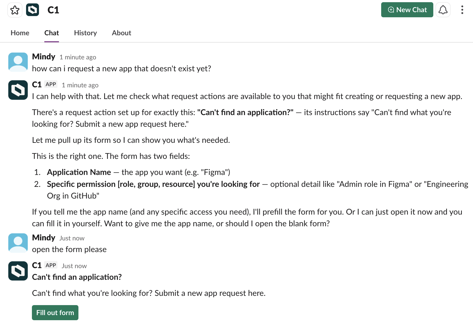 The C1 assistant surfacing the 'Can't find an application?' request form with a Fill out form button.