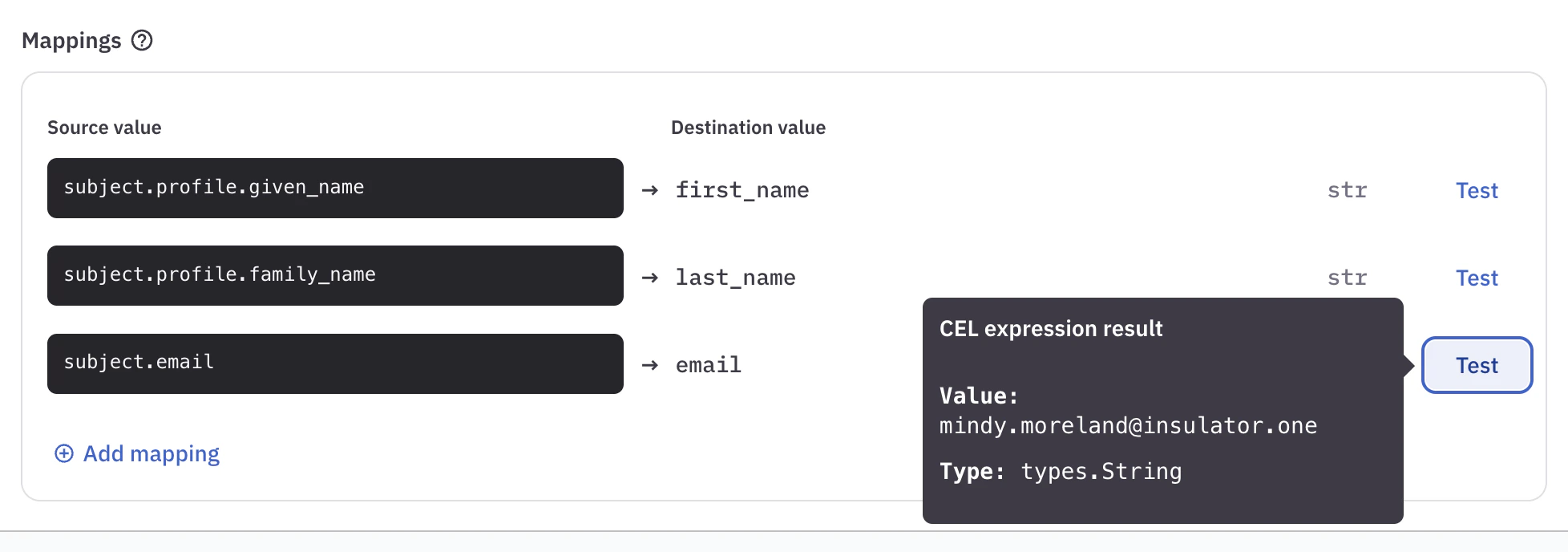 Account provisioning setup drawer with CEL expressions added to the three required mapping fields and a tooltip showing the test information for the email field.