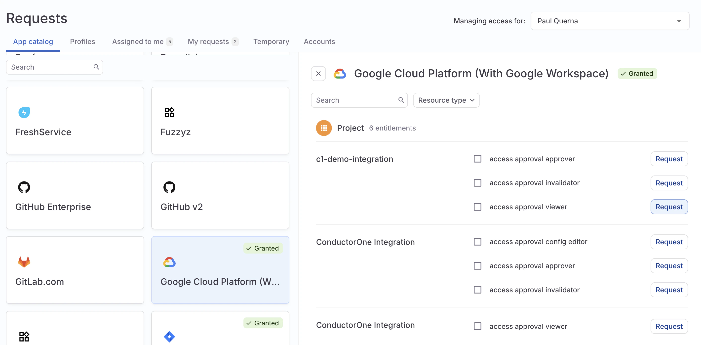 The app catalog tab page showing available entitlements with one entitlement selected.