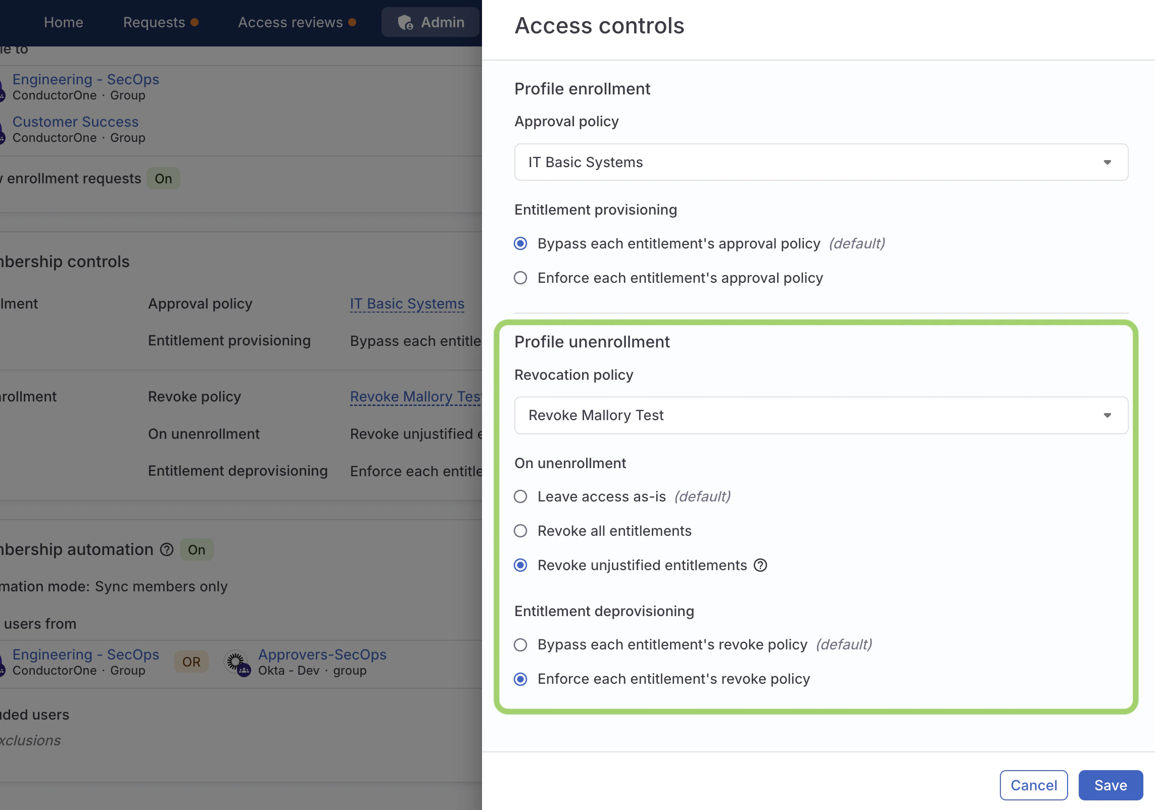 The membership controls configuration drawer with a green box highlighting the profile unenrollment controls.