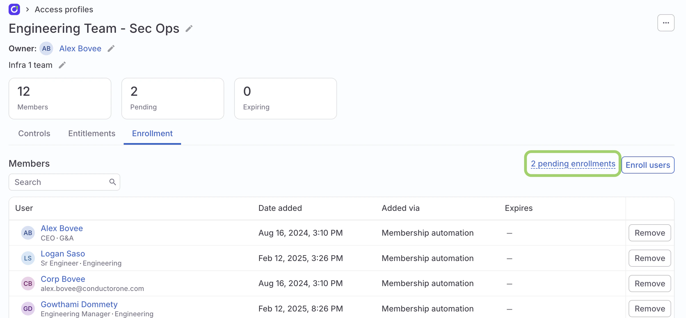 The Enrollment tab, with a green box highlighting the Pending enrollments control.