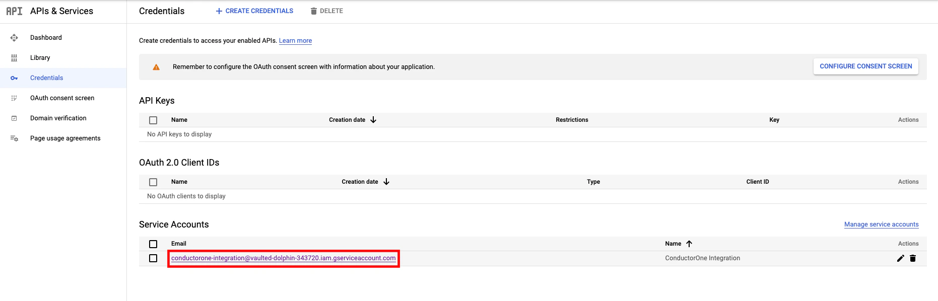 The service account selected from the list