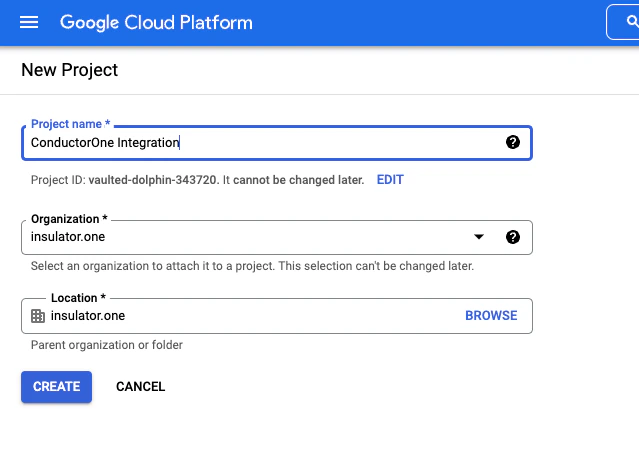 The new project creation form