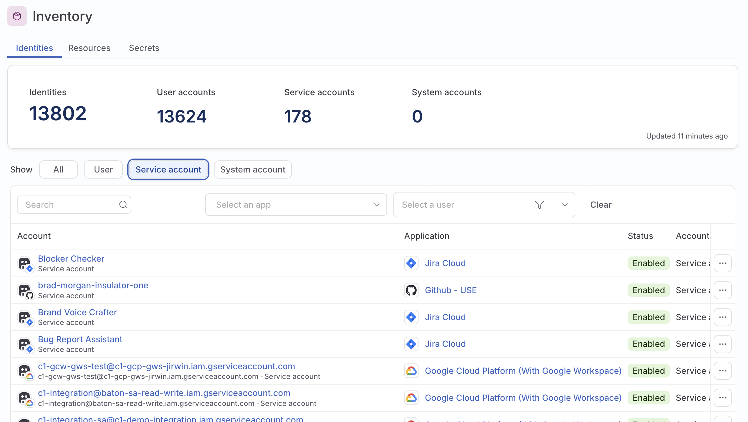 A screenshot of the Inventory page, showing the Identities tab with the service accounts filter engaged.