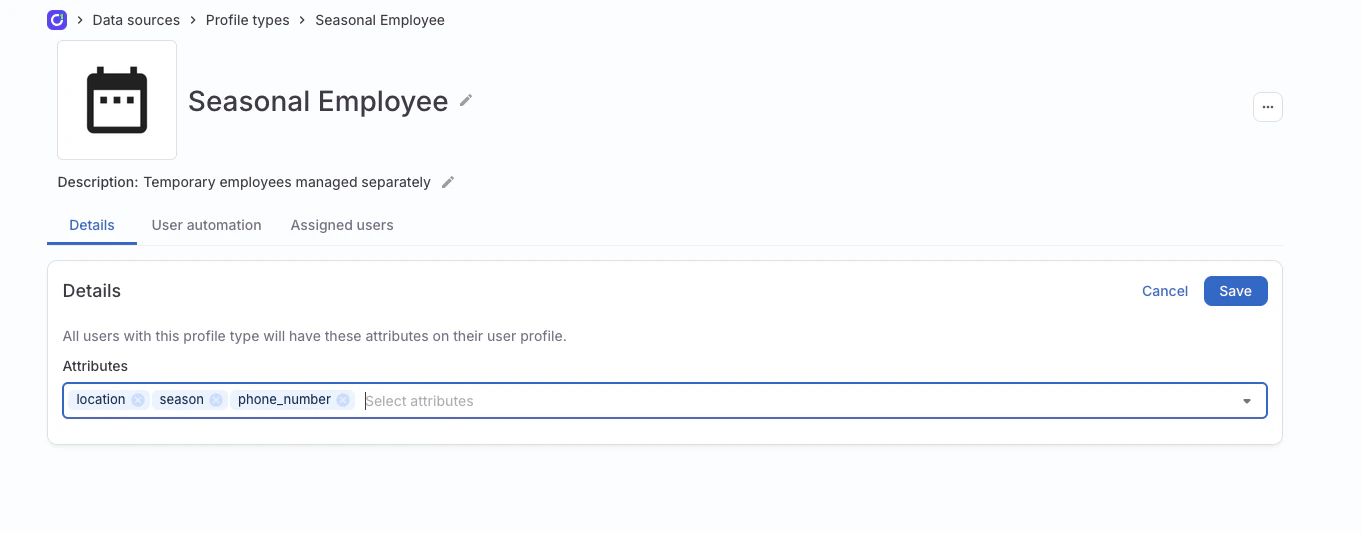 The details page of a profile type for seasonal employees, showing attributes being added.