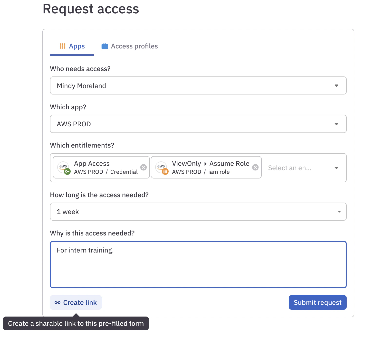 Request access form showing both app access and a specific entitlement in the entitlements field, and a highlight on the Create link control.