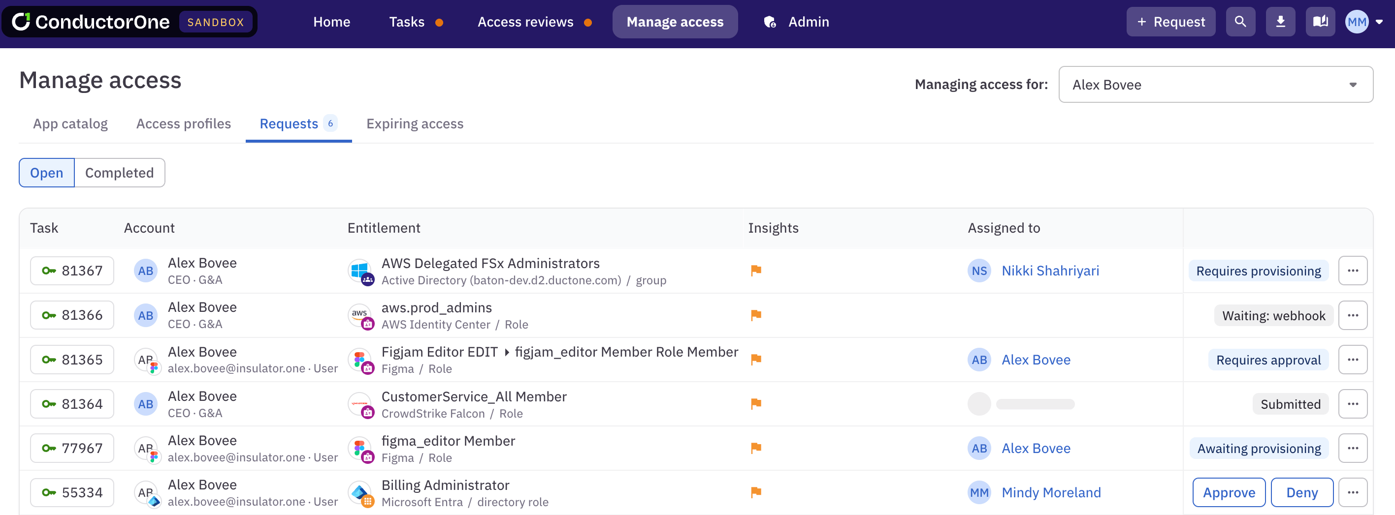 Manage access page showing the redesigned tabs and the user selector option.
