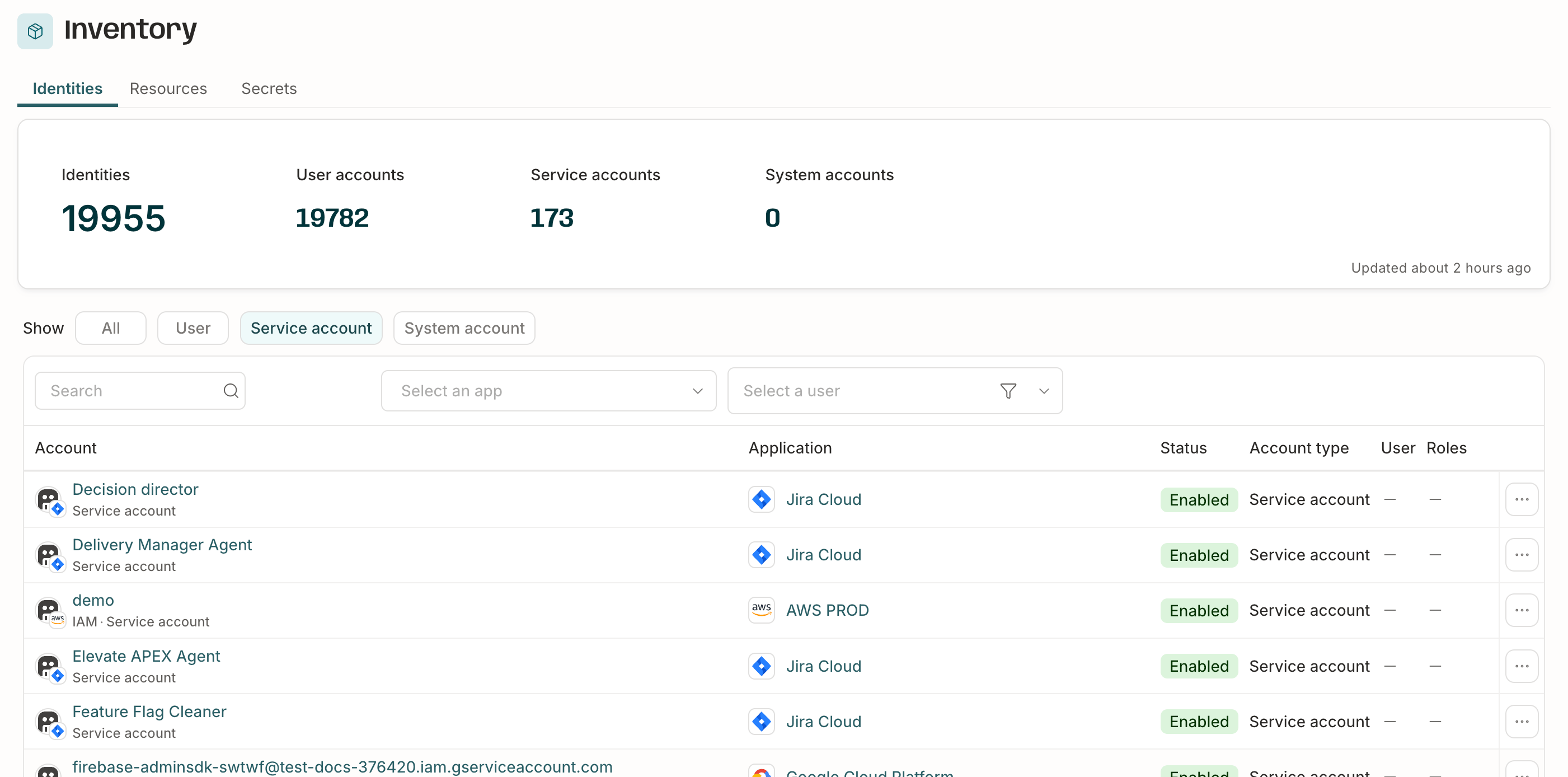 A screenshot of the Inventory page, showing the Identities tab with the service accounts filter engaged.