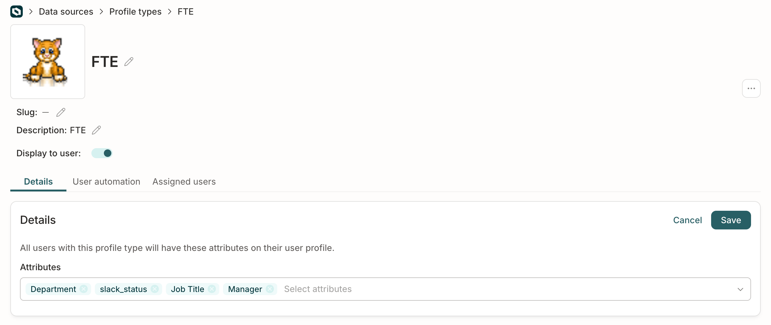 The details page of a profile type for full-time employees, showing attributes being added.
