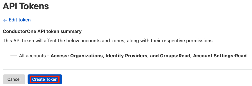 Detail view of the Cloudflare Create Custom Token page, with the Create Token button highlighted.