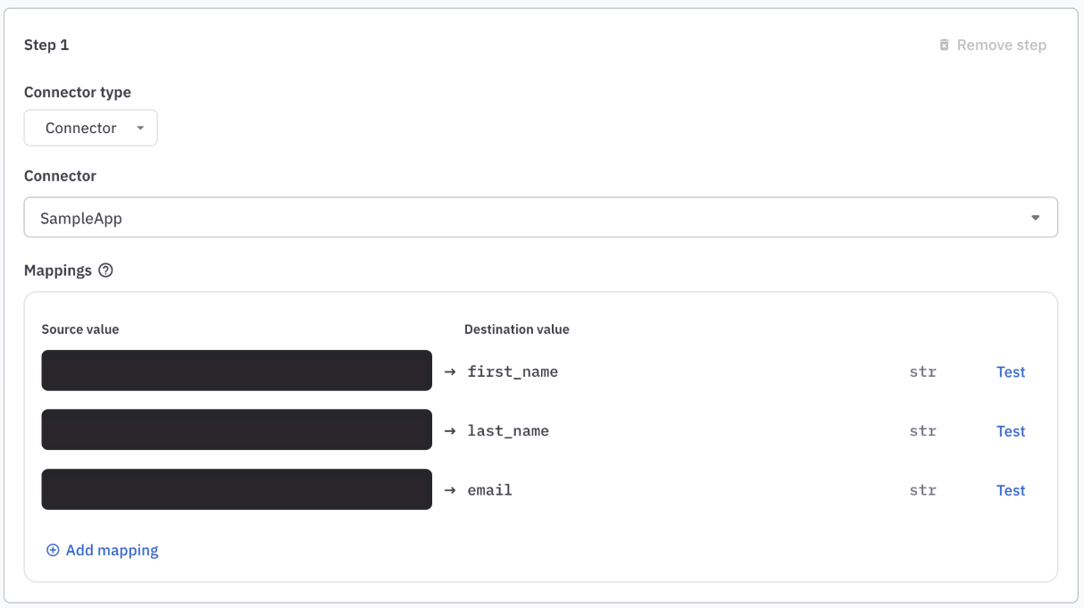 Account provisioning setup drawer with three required mapping fields shown.