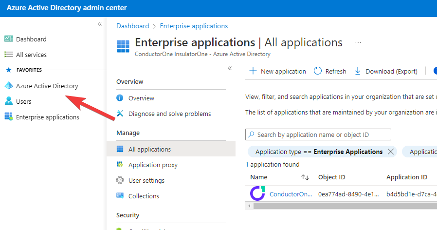 Detail view of the Enterprise Applications page, with the ConductorOne Integration app highlighted.