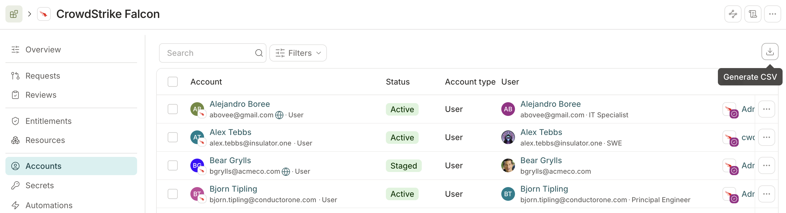 A screenshot of a Slack application's Accounts tab in C1.