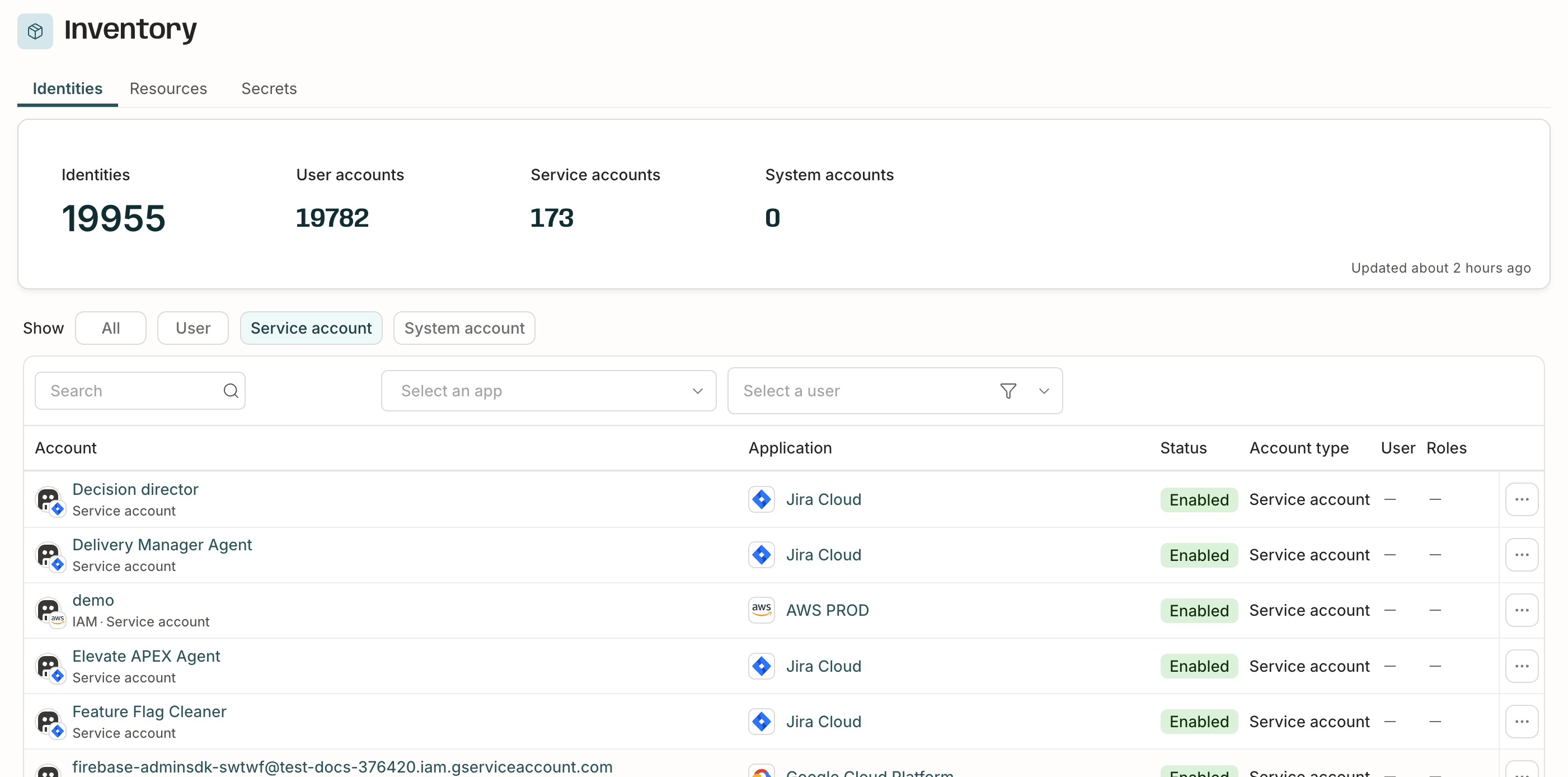 A screenshot of the Inventory page, showing the Identities tab with the service accounts filter engaged.