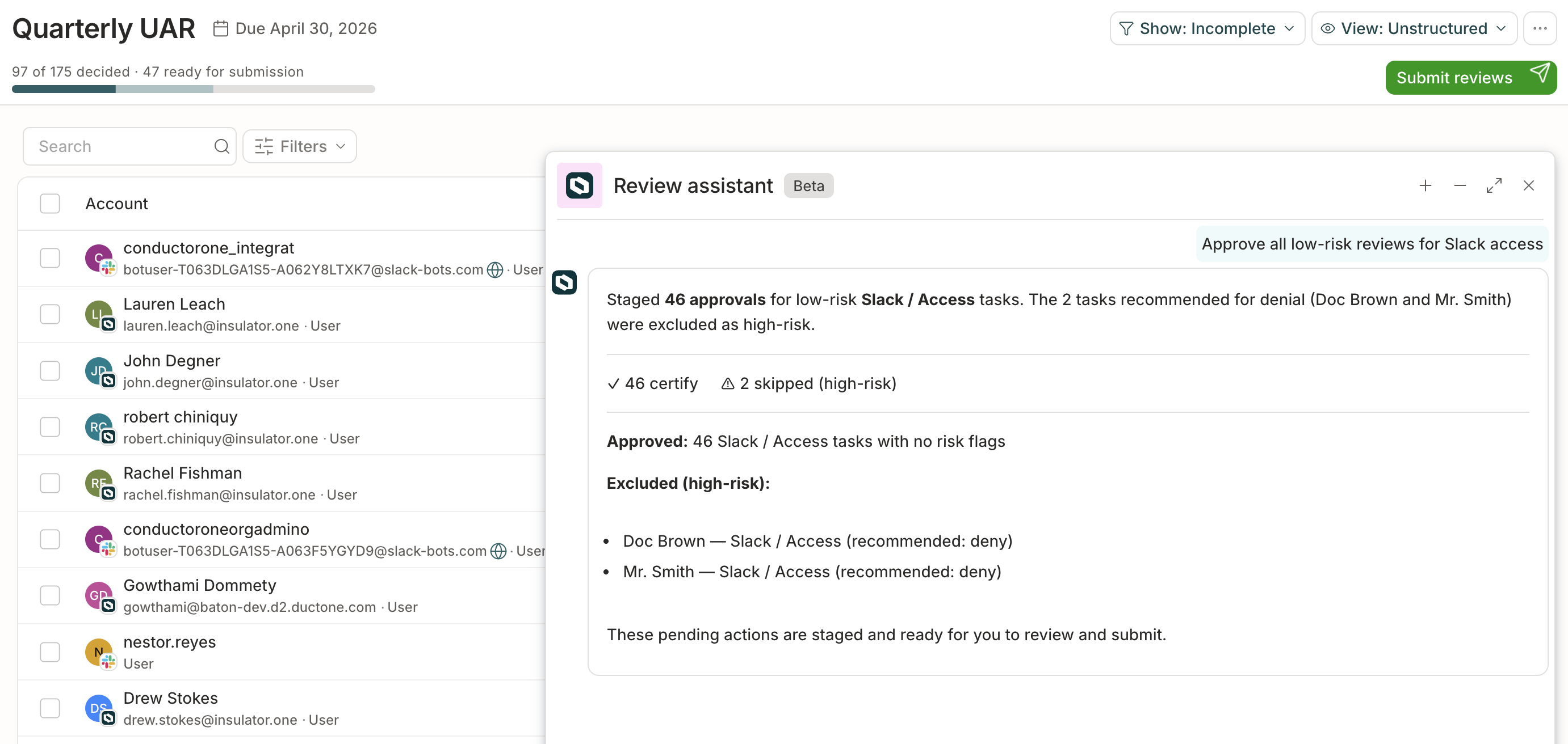 The review agent open in a user's Reviews view, showing staged actions and a prompt from the user asking to approve a specific user's access.