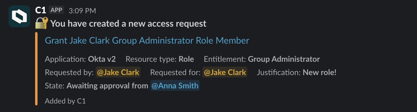 The C1 app for Slack showing the New request form with the Submit button.