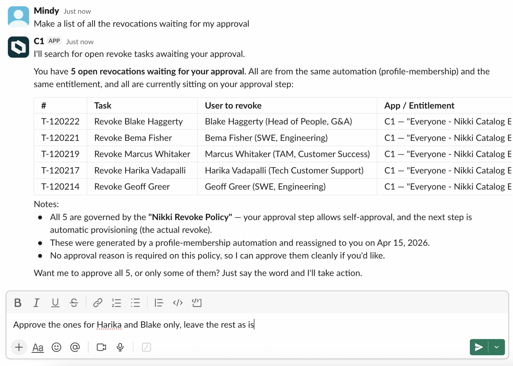 The Slack assistant being asked for a list of open revocation tasks, and the returned results.