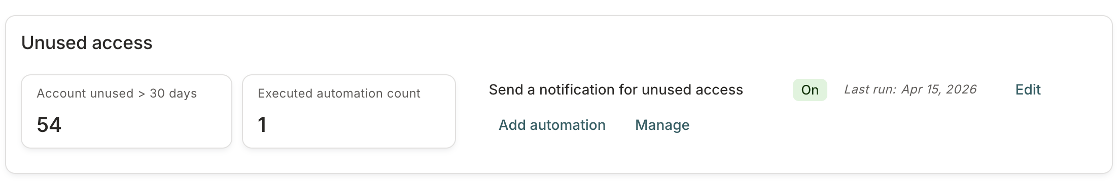 The Unused access section of an app's details page, showing an automation that creates a notification task for unused access.
