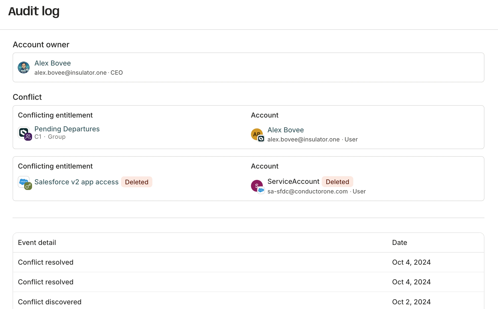 An audit log for a conflict monitor alert.
