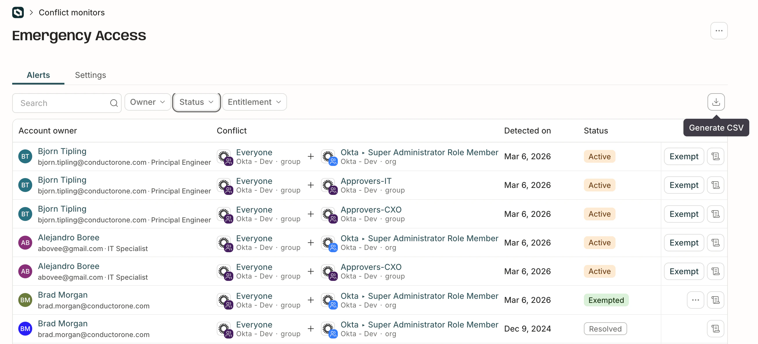 A report of a conflict monitor's alerts.