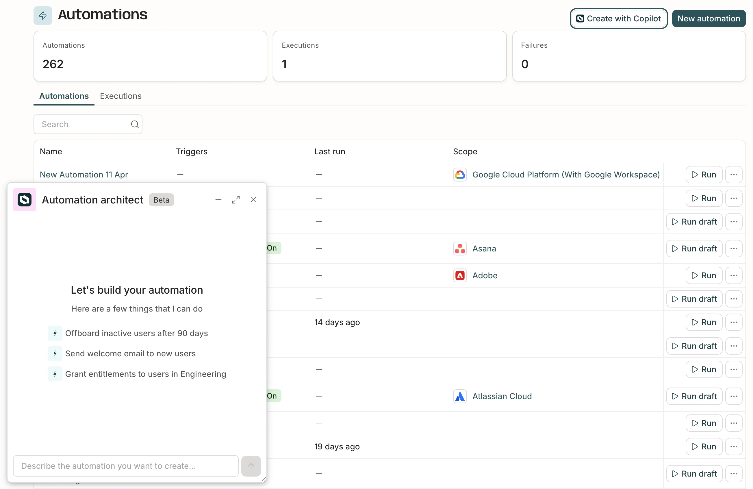 The Automations page showing the Create with Automation assistant button highlighted and the Automation assistant panel open.