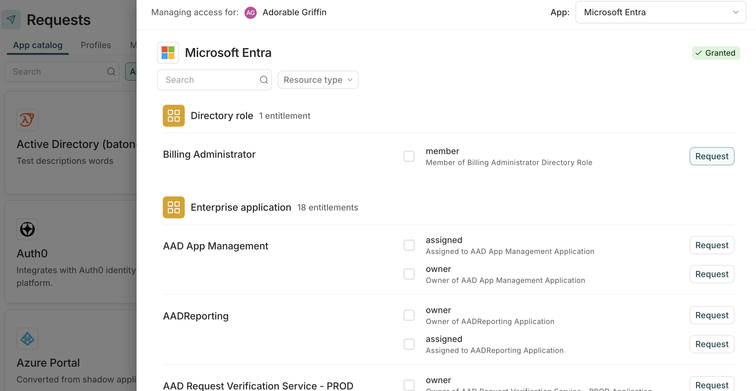 The app catalog tab page showing available entitlements with one entitlement selected.