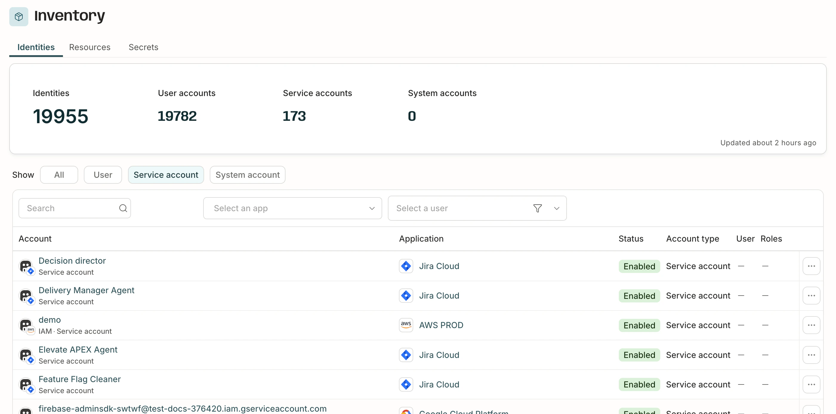 A screenshot of the Inventory page, showing the Identities tab with the service accounts filter engaged.