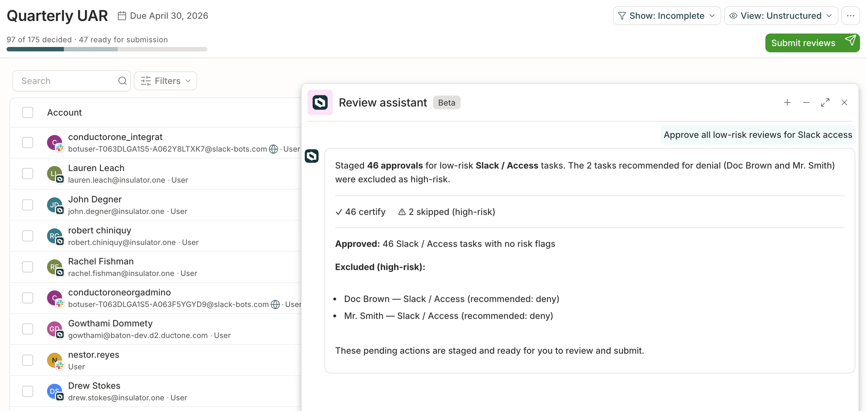The review agent open in a user's Reviews view, showing staged actions and a prompt from the user asking to approve a specific user's access.