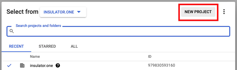 The NEW PROJECT option in the project select dropdown