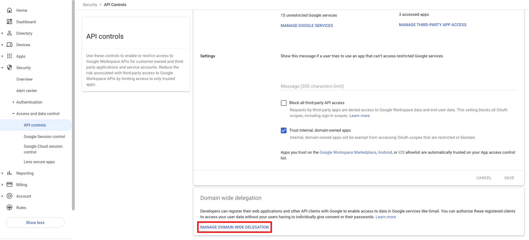 The Manage Domain Wide Delegation button in the Google Workspace Admin console