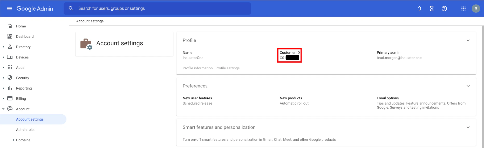 The Account Settings page showing the Customer ID field