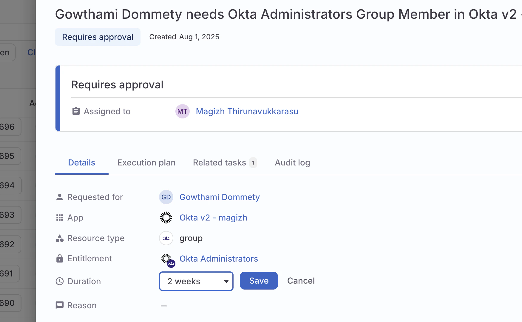 A screenshot of a request task in the ConductorOne UI, showing the duration field in its active edit state.