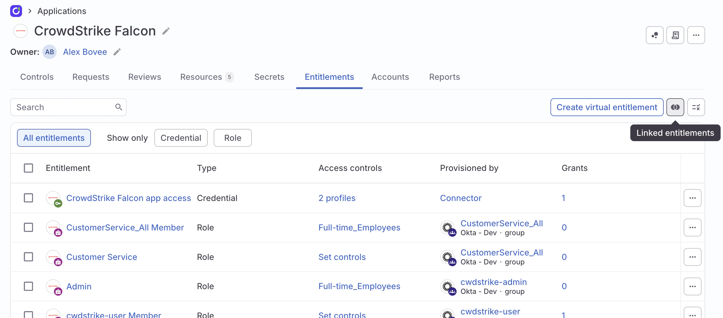 An application's Entitlements tab with the Linked entitlements button highlighted.