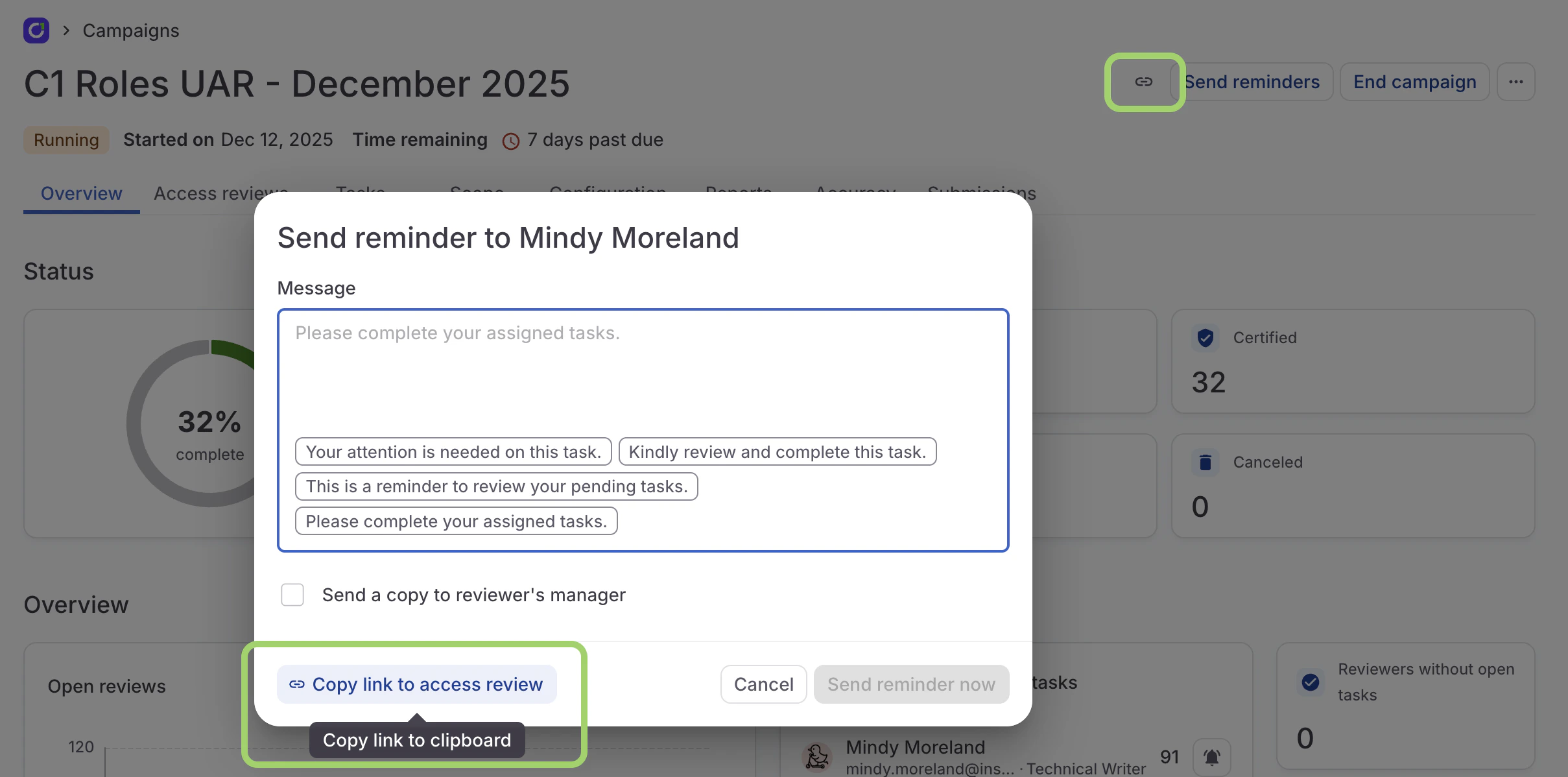 A screenshot of a campaign's Overview tab with the links to the campaign in the header and in the open send reminder modal highlighted.