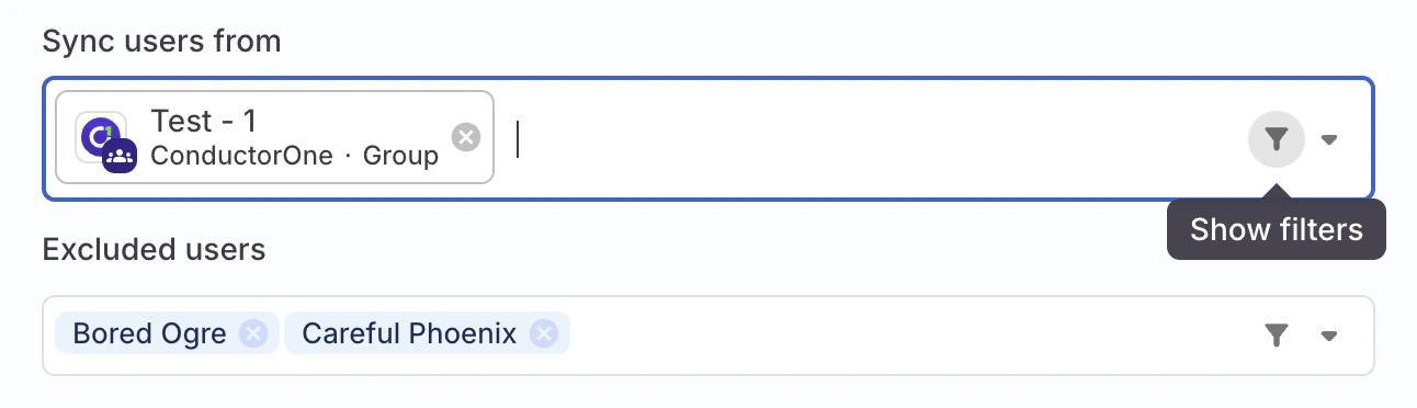 A screenshot of part of the membership automation editing drawer on an access profile, showing the new filters icon on the sync users from and excluded users fields.