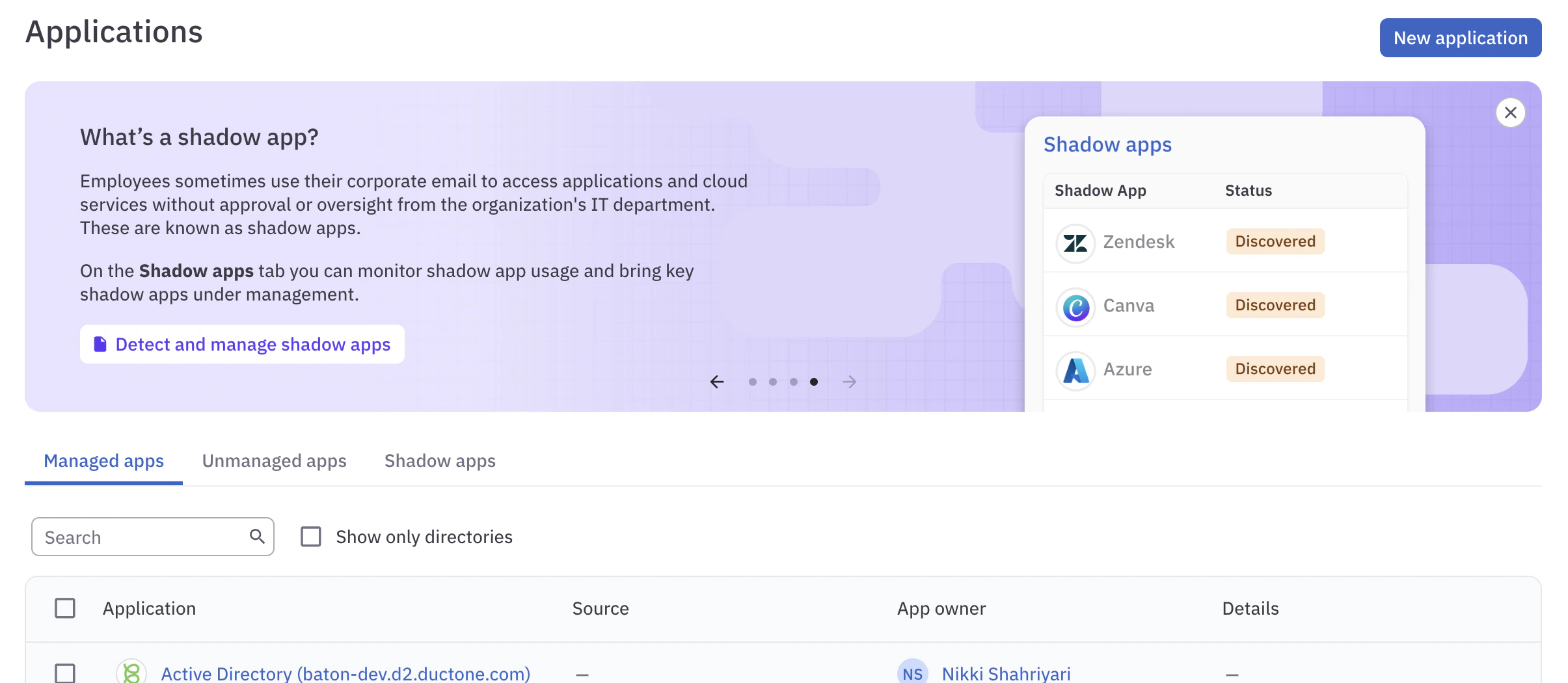 Applications page showing a guidance banner titled What is a shadow app?.