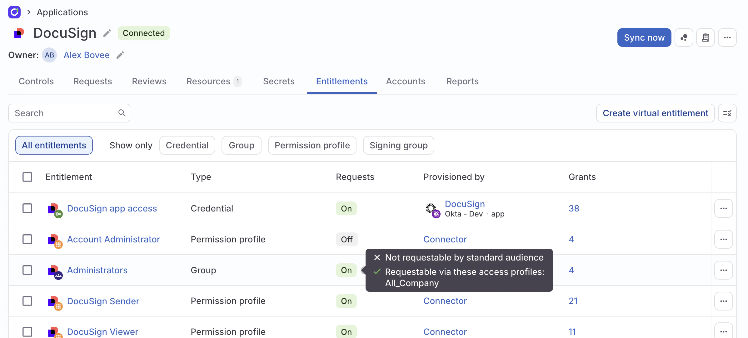 An app's Entitlements tab, with a tooltip displaying an entitlement's access profile and standard audience status displayed.