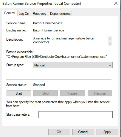Services window showing baton-runner with Manual startup type