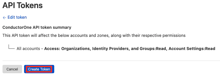 Detail view of the Cloudflare Create Custom Token page, with the Create Token button highlighted.