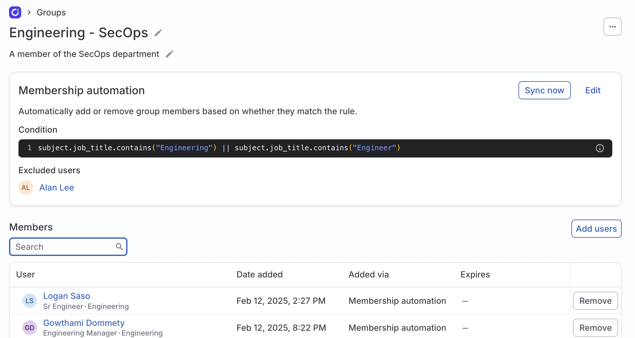 A screenshot of the ConductorOne app showing a sample ConductorOne group.