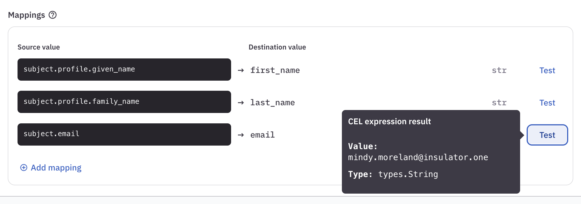 Account provisioning setup drawer with CEL expressions added to the three required mapping fields and a tooltip showing the test information for the email field.
